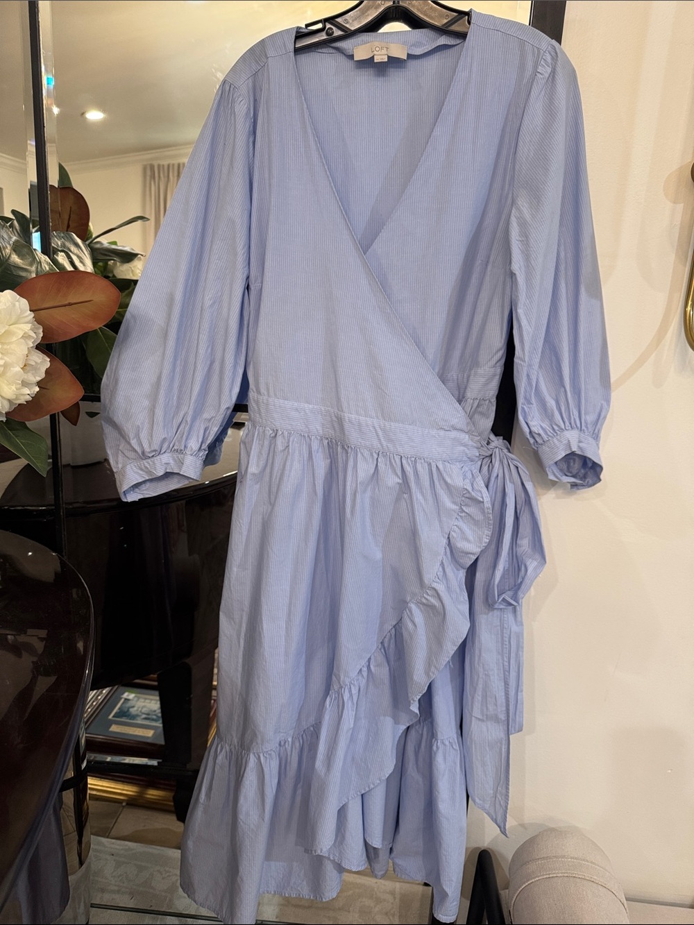 LOFT Pale Blue Wrap Ruffle Midi Dress